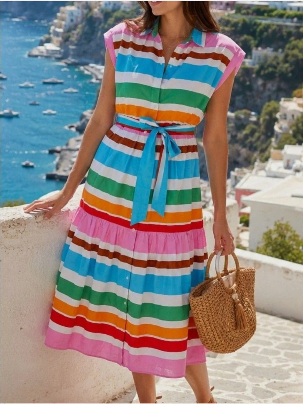 Cotton Colorful Striped Button-Up Tie-Waist Maxi Dress size 8